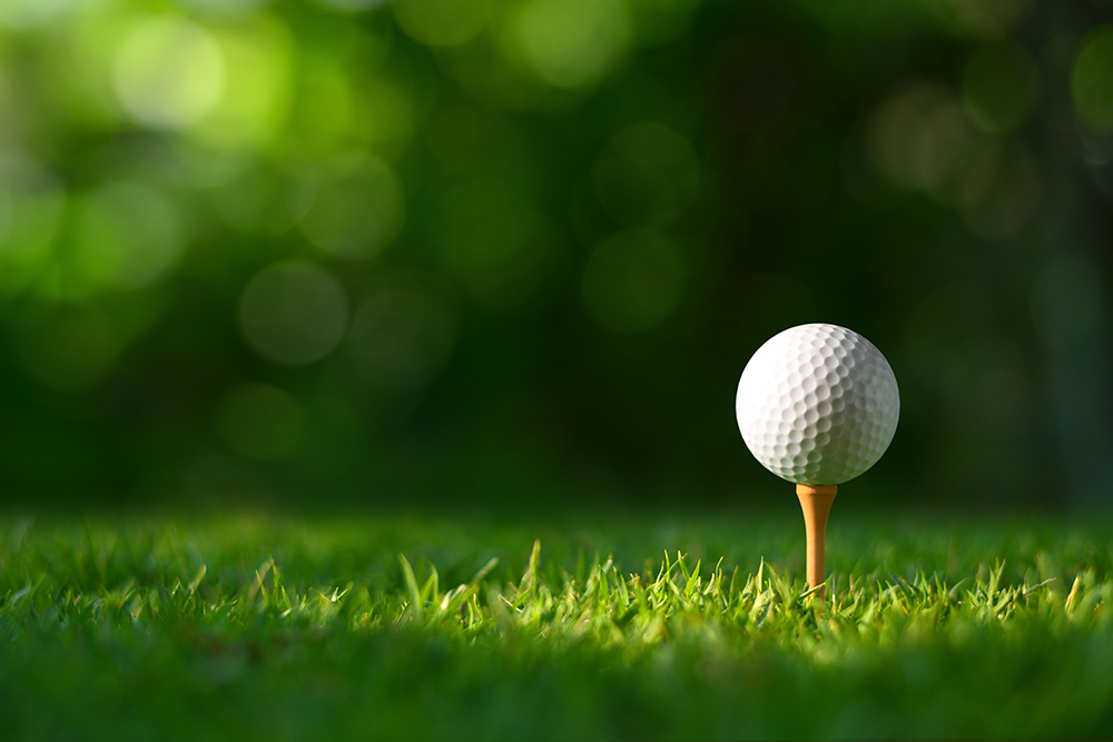 Image of golf ball sitting on tee in the grass.