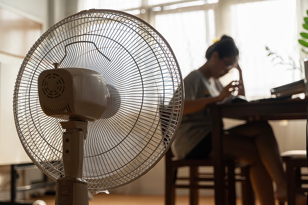 woman working in background with fan blowing in here direction