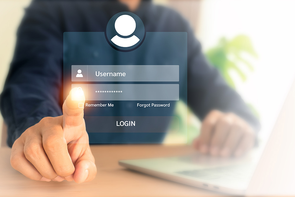 Online login screen overlay on an image of a man touching a screen
