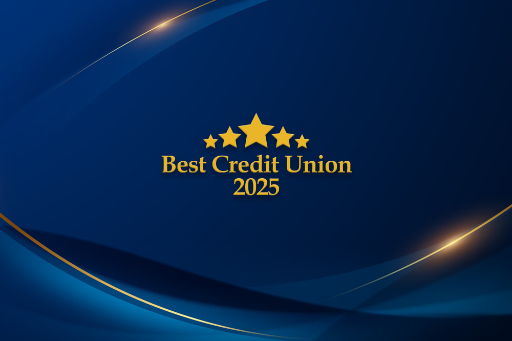 "Best Credit Union 2025" is written in gold overtop of a royal blue background
