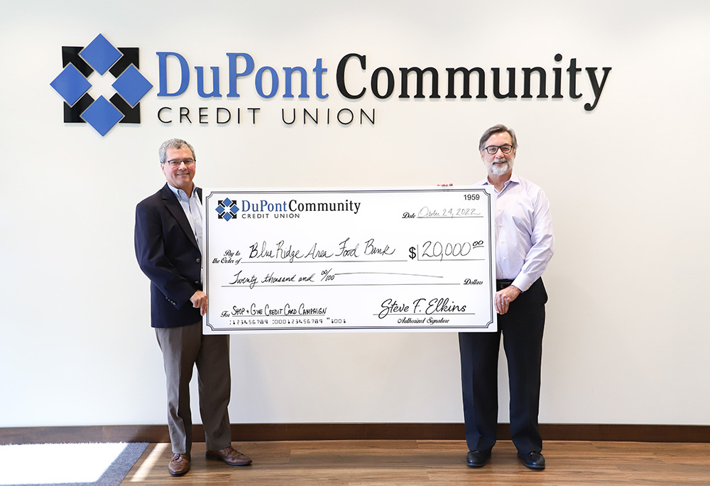 Steve Elkins, DCCU President/CEO, presents $20,000 check donation to Blue Ridge Area Food Bank