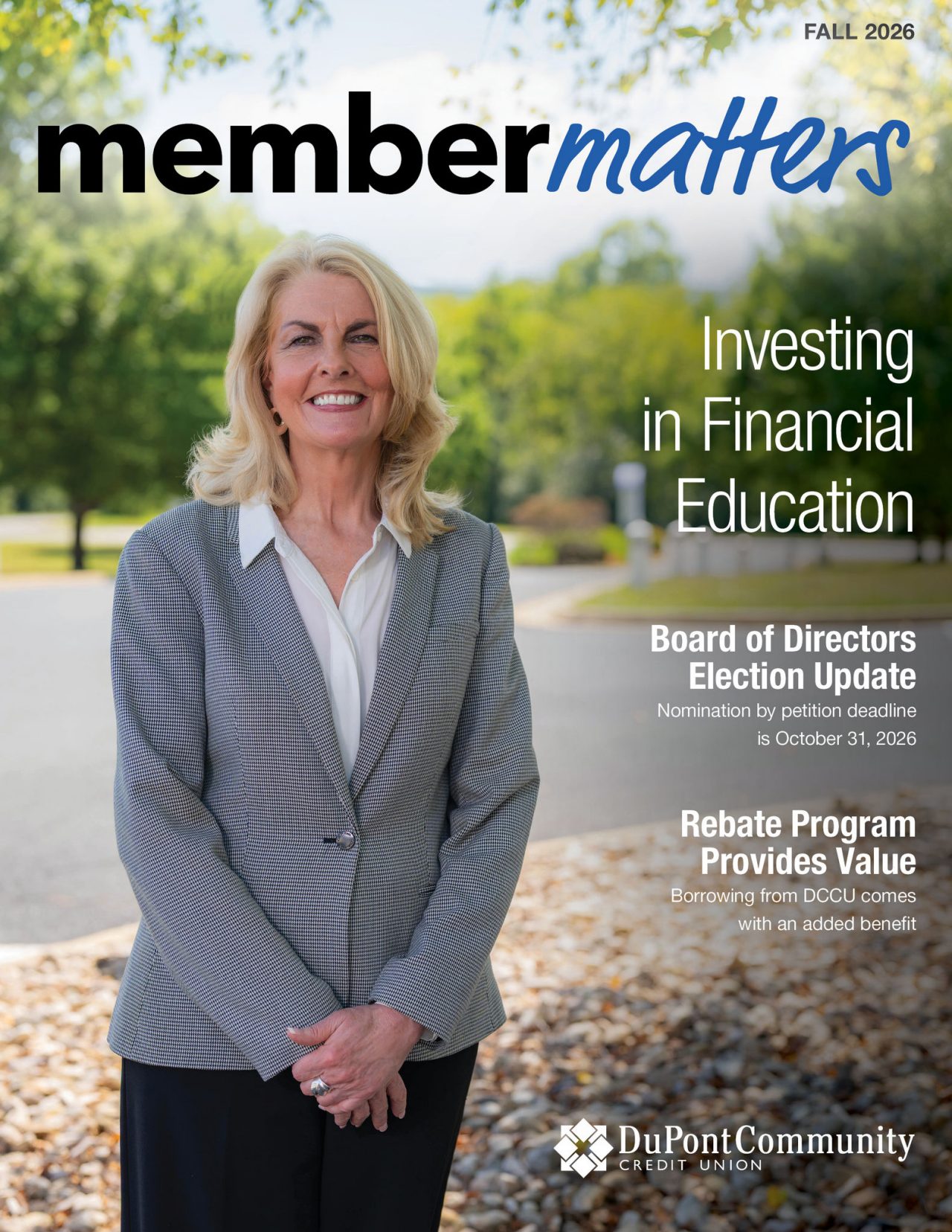 DCCU Cares Executive Director, Margaret Hersh, smiles for the camera on the cover of the 2026 Fall Member Matters issue