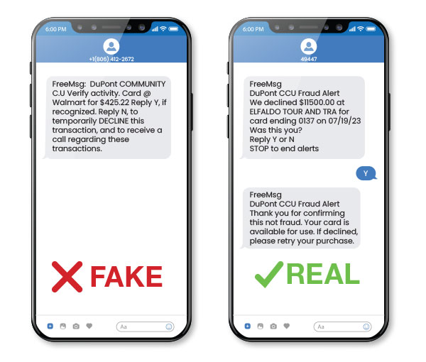 Real and fake text messages from DCCU