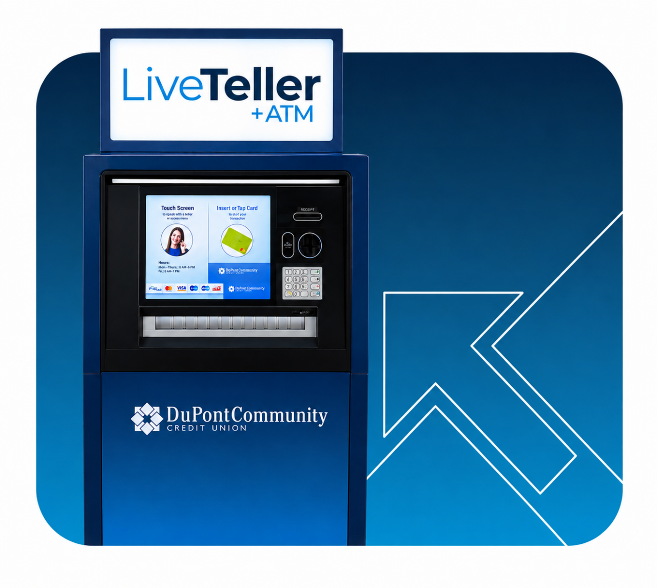 live teller machine on a stylized blue background with an arrow