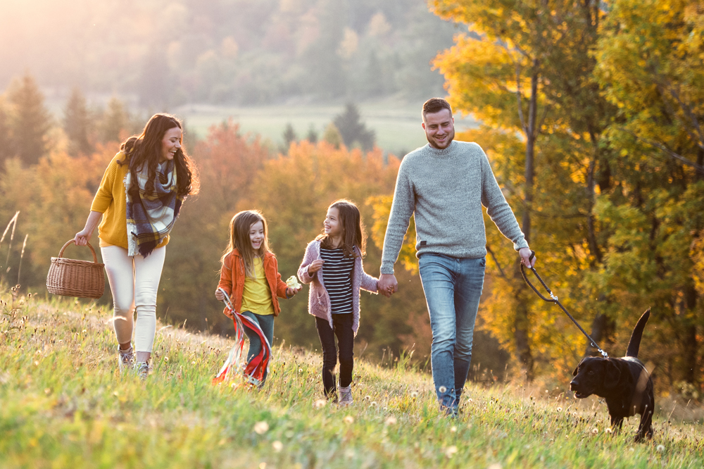 Family of four walking dog through scenic mountains in the fall