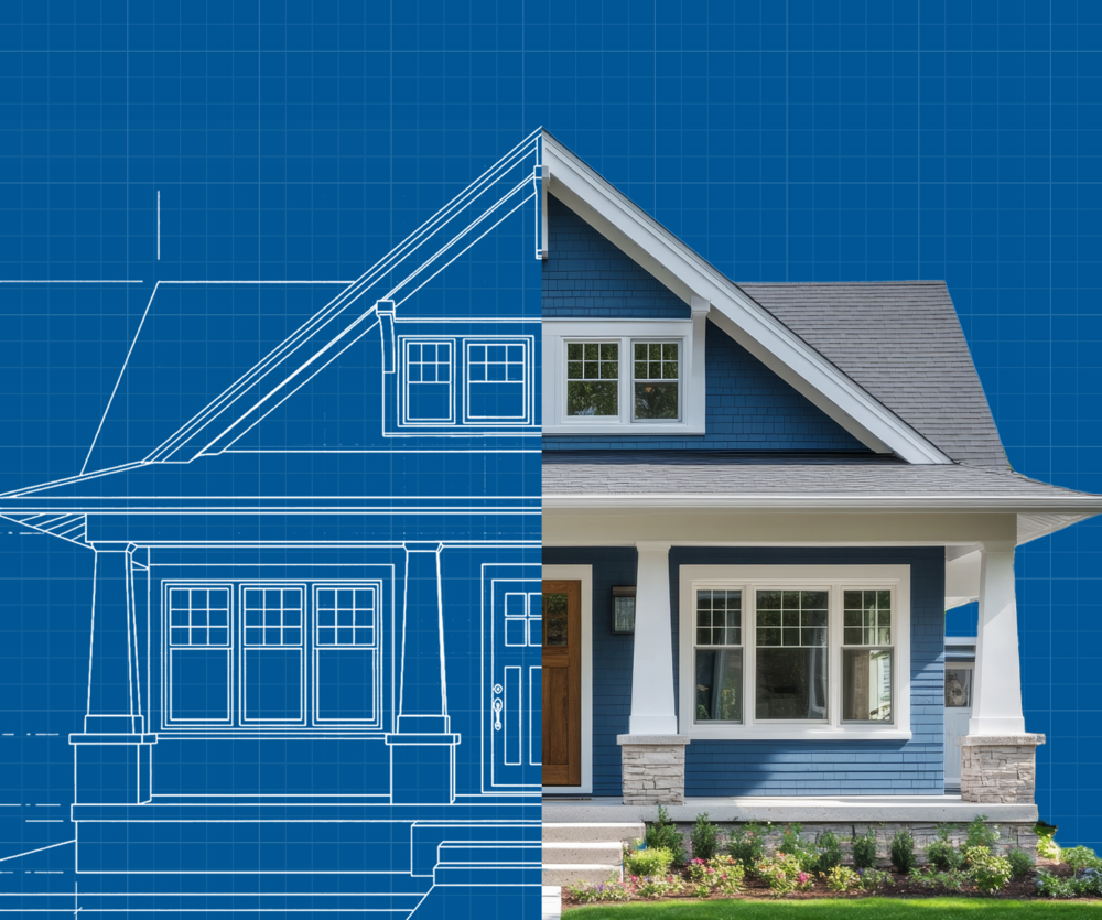 An image of a house with the blueprints on the left